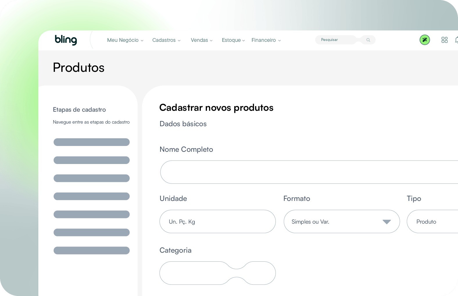 Cadastro de produtos e serviços